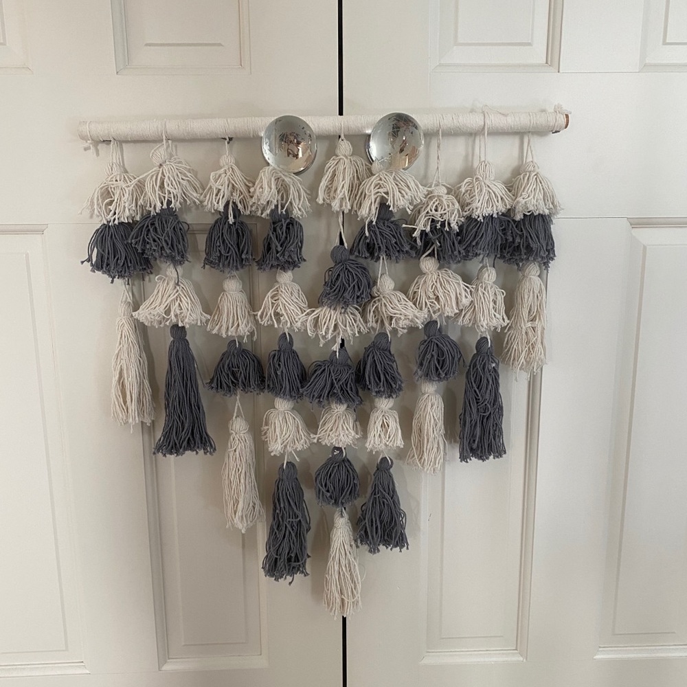 Large Bohemian Gray and White Wall Tassel Macrame